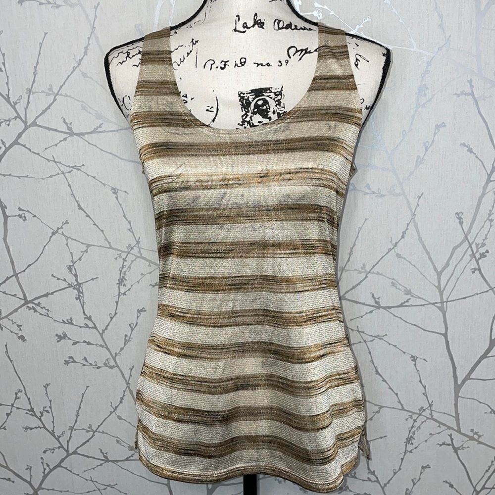 Banana Republic Tank‎ Top Women S Gold Brown Excellent Metallic Striped Knit
